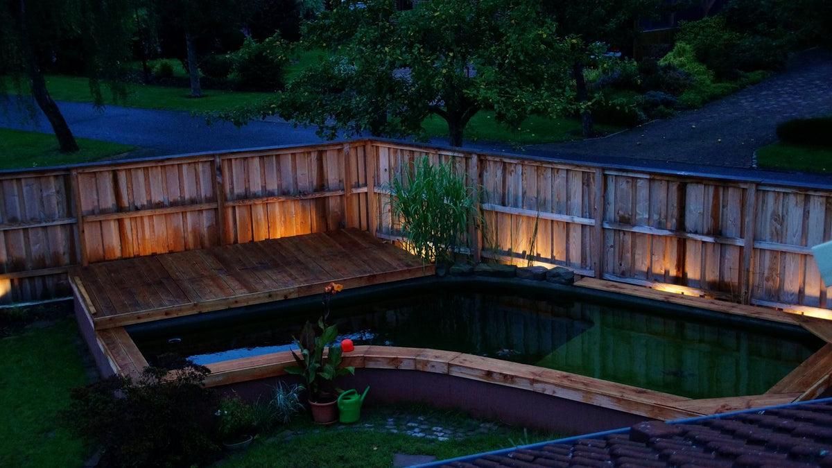 Koiteich mit dezenter LED-Beleuchtung am Abend