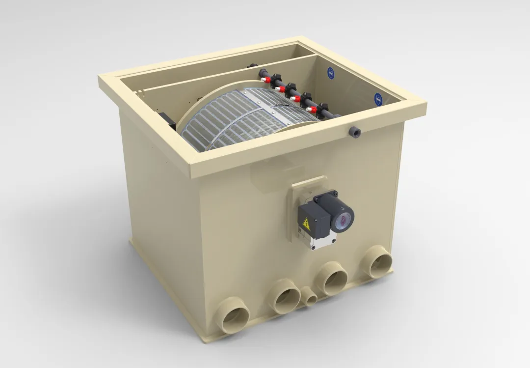 DVS D50 Trommelfilter – Rückansicht mit Trommelantrieb, Anschlüssen und Filtergehäuse