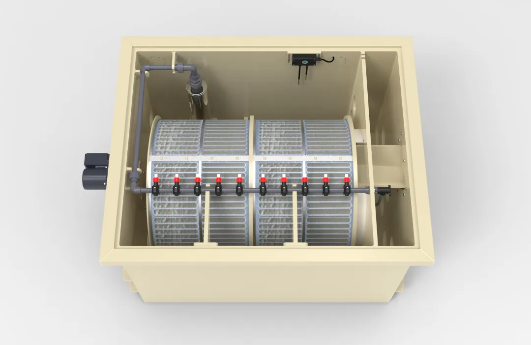DVS PP100-P Trommelfilter von oben – Siebtrommel, Spülleiste und Spüldüsen