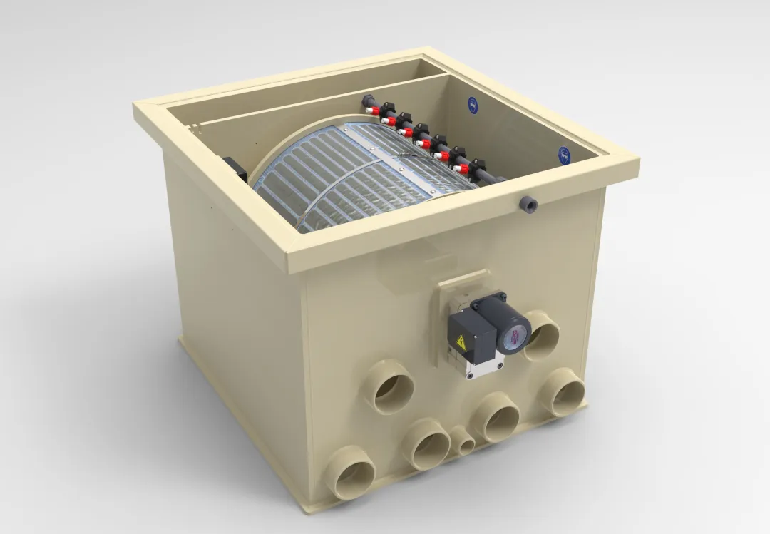 DVS PP65-P Trommelfilter – Rückansicht mit Trommelmotor, Gehäuse und Rohranschlüssen