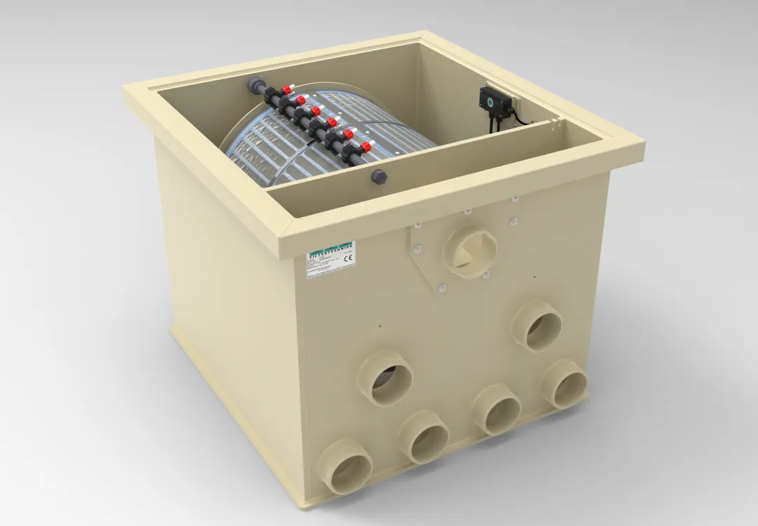 DVS PP65-P Trommelfilter Schwerkraft 65 m³/h – Vorderansicht mit sechs DN110-Anschlüssen